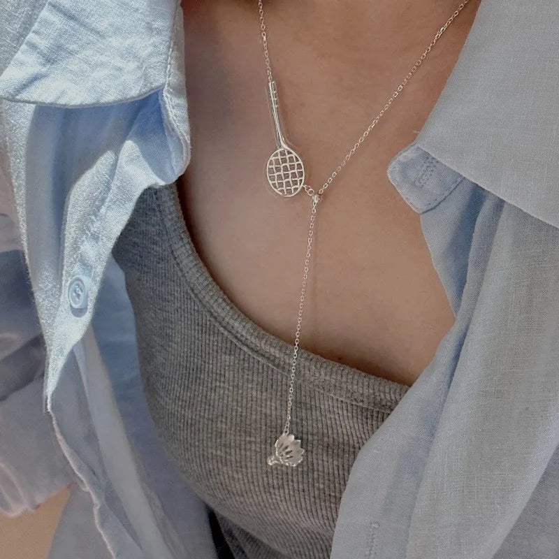 PANJBJ 925 Sterling Silver Badminton and Birdie Necklace for Women Unique Design Athleisure Adjustable Jewelry Gift Dropshipping