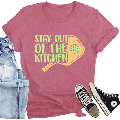 CQF Pickleball Shirts for Women Stay Out of The Kitchen Printed T-Shirt Funny Pickleball Player Lover Tee Tops Pink