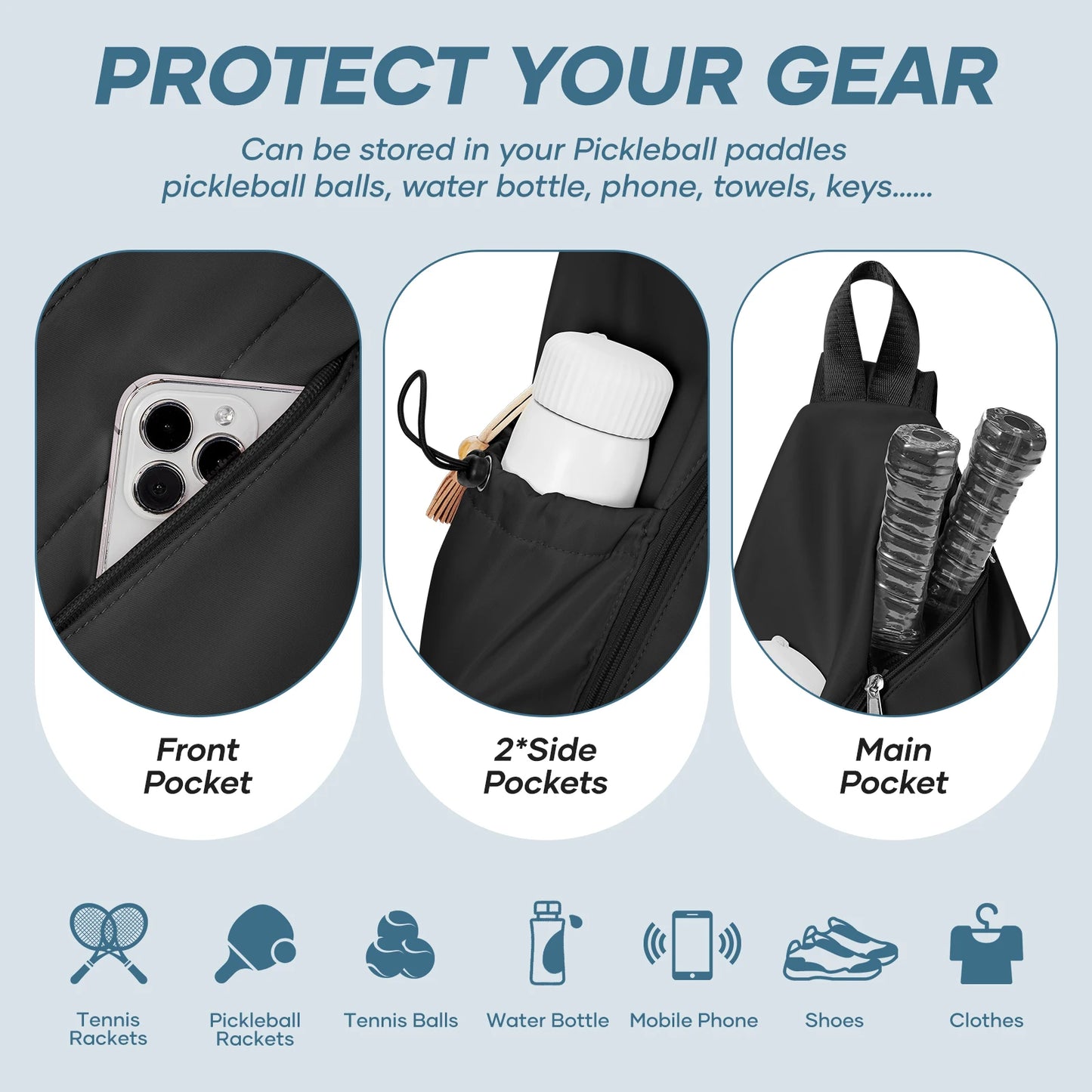 Pickleball Bag Sling Bags for Women Men- Turnable Crossbody Sling Backpack for Pickleball Paddle, Tennis, Pickleball Sticks Bags