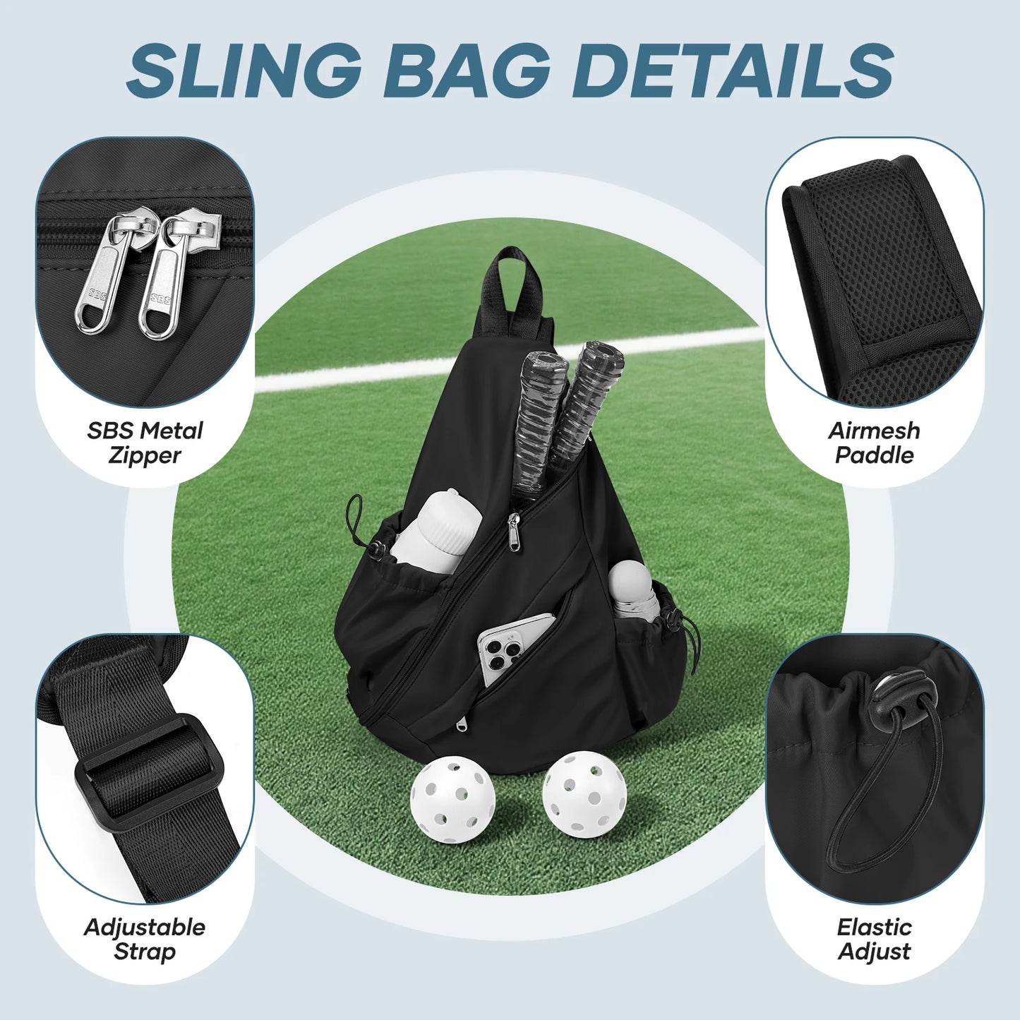 Pickleball Bag Sling Bags for Women Men- Turnable Crossbody Sling Backpack for Pickleball Paddle, Tennis, Pickleball Sticks Bags
