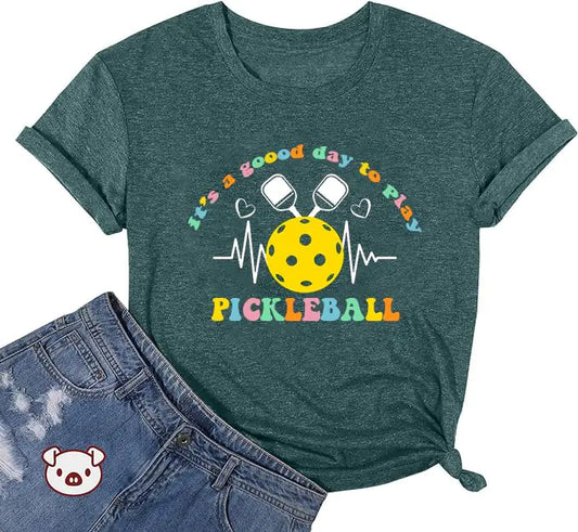Pickleball Shirt for Women Its A Good Day to Play Pickleball T Shirts Funny Heartbeat Pickleball Graphic Tee Dark Green L